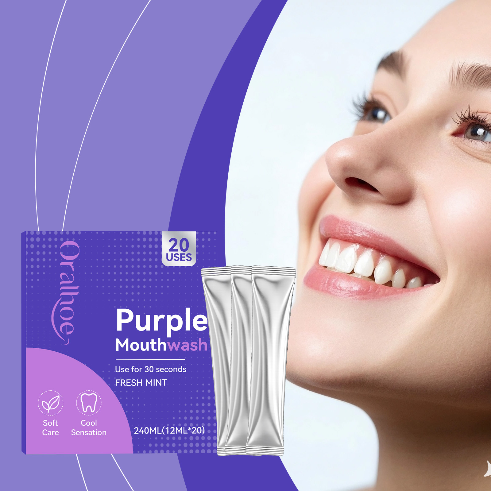 Teeth Whitening Xylitol - Pacote Individual de Enxaguante Bucal Roxo